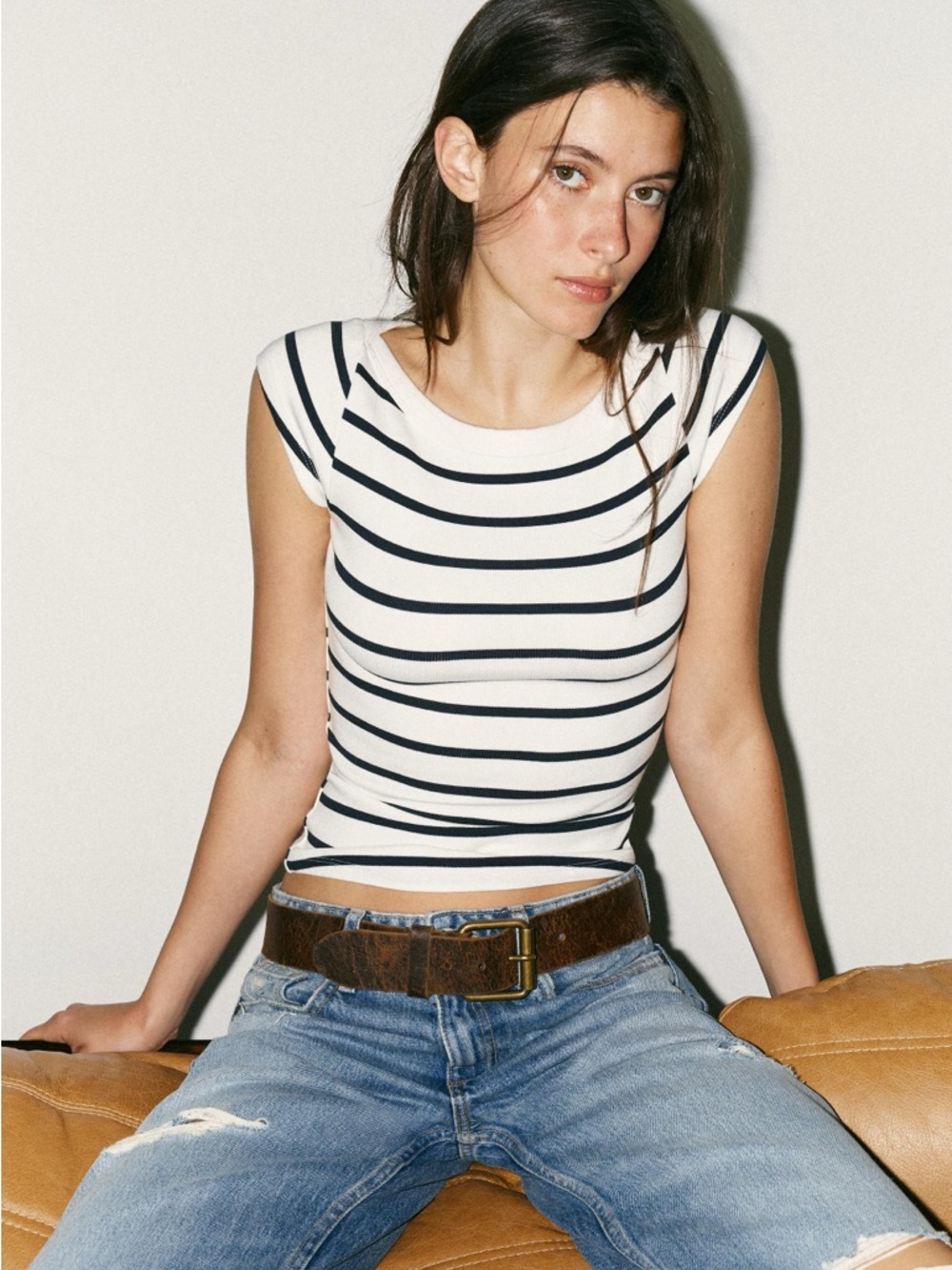 Zara Striped boatneck top navy and white